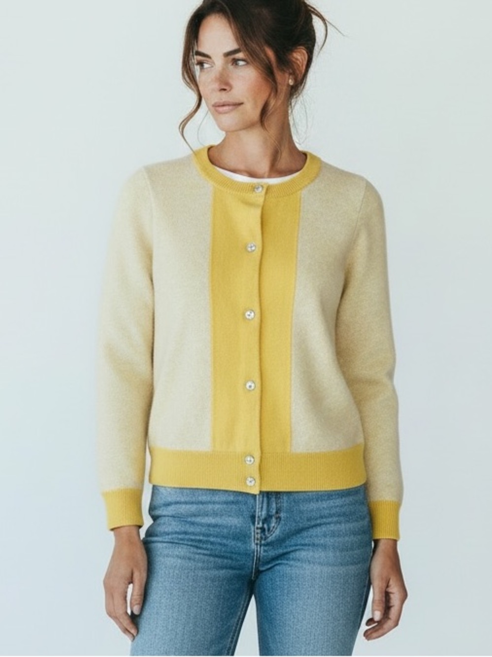 J. Crew Wool Cashmere Blend Yellow Rhinestone Button Cardigan Y2K Women’s SZ  M